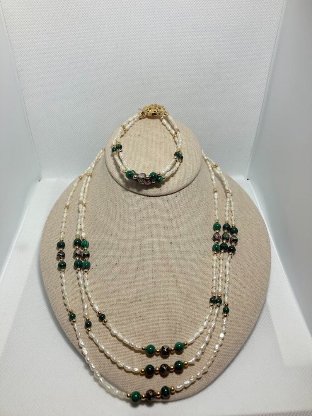 Vintage Cloisonné Bead Necklace Bracelet Set Genuine Pearls Malachite Beads